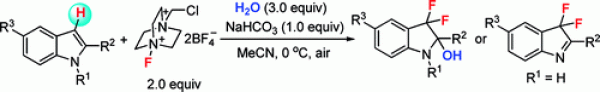 24. An Efficient Difluorohydroxylation of Indoles Using Selectfluor as a Fluorinating Reagent, Riyuan Lin and Ning Jiao*, Org. Lett., 2011, 13 (17), pp 4498, DOI: 10.1021/ol201896p