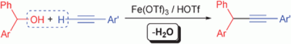 8. Sp–sp3 C–C bond formation viaFe(OTf)3/TfOH cocatalyzed coupling reaction of terminal alkynes with benzylic alcohols, Shi-Kai Xiang,Li-He Zhang and Ning Jiao*, Chem. Commun., 2009, 6487–6489.doi: 10.1039/b911905a