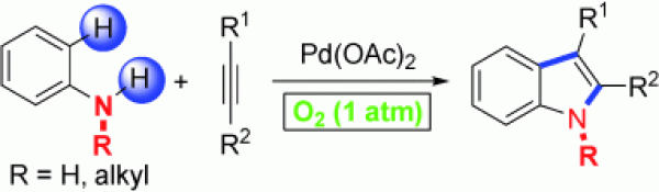 6. Indoles from Simple Anilines and Alkynes : Palladium-Catalyzed C-H Activation Using Dioxygen as the Oxidant, Zhuangzhi Shi and Ning Jiao, Angew. Chem. Int. Ed. 2009, 48, 4572 –4576, DOI : 10.1002/anie.200901484