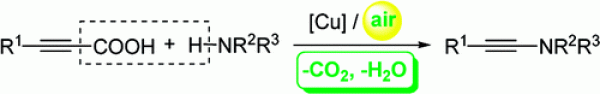 12. Cu-Catalyzed Oxidative Amidation of Propiolic Acids Under Air via Decarboxylative Coupling, Wei Jia and Ning Jiao*, Org. Lett., 2010, 12 (9), pp 2000–2003 DOI: 10.1021/ol1004615