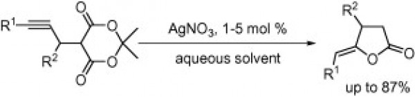 3. AgNO3 catalyzed cyclization of propargyl-Meldrum’s acids in aqueous solvent: highly selective synthesis of Z-γ-alkylidene lactones, Wei Jia and Ning Jiao, Tetrahedron Letters 50 (2009) 5406–5408, doi:10.1016/j.tetlet.2009.07.050