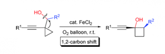 2. Fe-catalyzed highly selective ring expansion of alkynylcyclopropyl alkanols to cyclobutanols, Anjun Chen and Ning Jiao, Chem. Commun., 2009, 6842–6844, doi:10.1039/b916623h