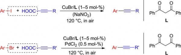 25. Phosphane-Free Copper-Catalyzed Decarboxylative Coupling of Alkynyl Carboxylic Acids with Aryl Halides under Aerobic Conditions, Delin Pan and Ning Jiao*, Eur. J. Org. Chem. 2011, 4751–4755, DOI: 10.1002/ejoc.201100659