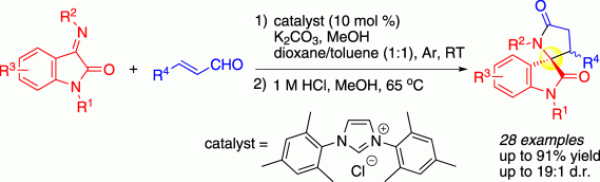 47. N-Heterocyclic Carbene-Catalyzed Homoenolate Additions with N-Aryl Ketimines as Electrophiles: Efficient Synthesis of Spirocyclic g-Lactam Oxindoles, Bo Zhang, Song Ye,* and Ning Jiao*, Chem. Eur. J. 2012, 18, 9198