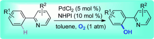 65. PdCl2 and N-Hydroxyphthalimide Co-catalyzed Csp2H Hydroxylation by Dioxygen Activation, Yuepeng Yan and Ning Jiao*, Angew. Chem. Int. Ed. 2013, 52, 5827, DOI : 10.1002/anie.201300957