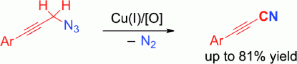 64. Copper-Catalyzed Oxidative Transformation of Aryl Propargylic Azides to Aryl Propiolonitriles, Teng Wang, Hang Yin and Ning Jiao*, Adv. Synth. Catal. 2013, 355, 1207, DOI : 10.1002/adsc.201201056