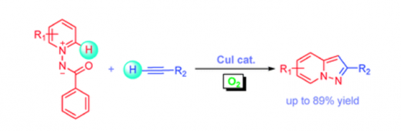 55. Copper-catalyzed direct oxidative annulation of N-iminopyridinium ylides with terminal alkynes using O2 as oxidant， Shengtao Ding and Ning Jiao*,  Chem. Commun., 2013, 49, 4250, DOI: 10.1039/c2cc33706a