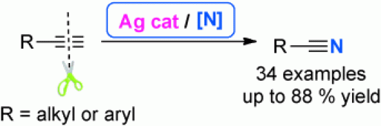 59. Silver-Catalyzed Nitrogenation of Alkynes : A Direct Approach to Nitriles through CC Bond Cleavage, Tao Shen, Teng Wang, Chong Qin, and Ning Jiao*, Angew. Chem. Int. Ed. 2013, 52, 6677, DOI : 10.1002/anie.201300193