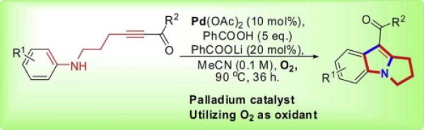 58. Pd(II)-catalyzed aerobic oxidative intramolecular hydroamination and C-H functionalization of N-alkynyl anilines for the synthesis of indole derivatives, Long Ren and Ning Jiao*, Tetrahedron 69 (2013) 4408-4414