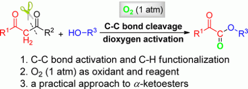 67. Cu-Catalyzed Esterification Reaction via Aerobic Oxygenation and C–C Bond Cleavage: An Approach to α-Ketoesters, Chun Zhang, Peng Feng, and Ning Jiao*, J. Am. Chem. Soc., 2013, 135 (40), pp 15257–15262, DOI: 10.1021/ja4085463