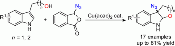 84. Copper-Catalyzed Oxoazidation and Alkoxyazidation of Indoles, Hang Yin, Teng Wang, and Ning Jiao*, Org. Lett., 2014, 16 (9), pp 2302–2305, DOI: 10.1021/ol500793c