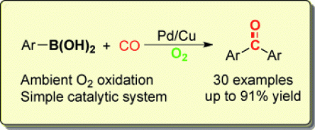 77. Pd/Cu-Cocatalyzed Aerobic Oxidative Carbonylative Homocoupling of Arylboronic Acids and CO: A Highly Selective Approach to Diaryl Ketones, Long Ren and Prof. Ning Jiao*, Chem. Asian J., 9: 2411, 10.1002/asia.201402326