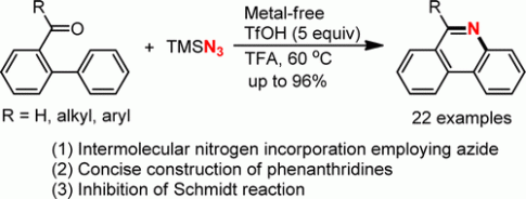 101. Metal-Free Nitrogenation of 2-Acetylbiphenyls: Expeditious Synthesis of Phenanthridines, Conghui Tang, Yizhi Yuan, and Ning Jiao*, Org. Lett., 2015, 17 (9), pp 2206–2209, DOI: 10.1021/acs.orglett.5b00797