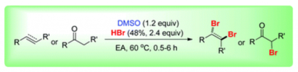 98. Efficient bromination of olefins, alkynes, and ketones with dimethyl sulfoxide and hydrobromic acid, Song Song, Xinwei Li, Xiang Sun and  Ning Jiao*, Green Chem., 2015, 17,