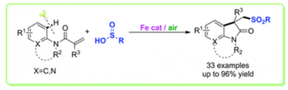 80. Iron-catalyzed aerobic difunctionalization of alkenes: a highly efficient approach to construct oxindoles by C–S and C–C bond formation, Tao Shen, Yizhi Yuan, Song Song and Ning Jiao*, Chem. Commun., 2014, 50, 4115