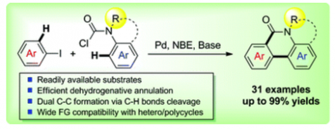 106. Pd-catalyzed dehydrogenative annulation approach for the efficient synthesis of phenanthridinones, Xinyao Li, Jun Pan, Song Song and  Ning Jiao*, Chem. Sci., 2016,7, 5384-5389 , doi: 10.1039/C6SC01148A