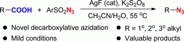 103. Silver-Catalyzed Decarboxylative Azidation of Aliphatic Carboxylic Acids, Yuchao Zhu, Song Song*, and Ning Jiao*, Org. Lett., 2015, 17 (19), pp 4702–4705, DOI: 10.1021/acs.orglett.5b02155