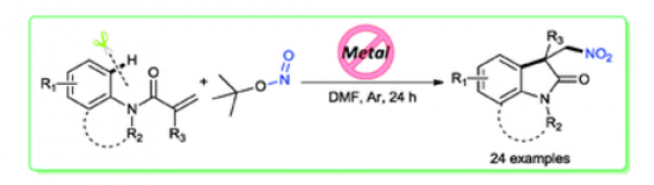 79. Metal-free nitro-carbocyclization of activated alkenes: a direct approach to synthesize oxindoles by cascade C–N and C–C bond formation Tao Shen,a  Yizhi Yuana  and  Ning Jiao*, Chem. Commun., 2014, 50, 554, DOI: 10.1039/c3cc47336h