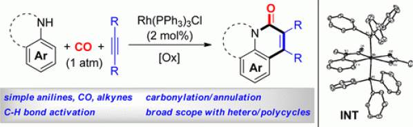 89. Rh-Catalyzed Construction of Quinolin-2(1H)-ones via C–H Bond Activation of Simple Anilines with CO and Alkynes, Xinyao Li, Xinwei Li, and Ning Jiao*, J. Am. Chem. Soc., 2015, 137 (29), pp 9246–9249, DOI: 10.1021/jacs.5b05843