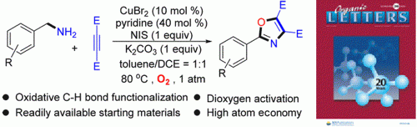 148. Copper-Catalyzed Oxygenation Approach to Oxazoles from Amines, Alkynes, and Molecular Oxygen Jun Pan, Xinyao Li, Xu Qiu, Xiao Luo, Ning Jiao*, Org. Lett., 2018, 20 (9), pp 2762–2765.