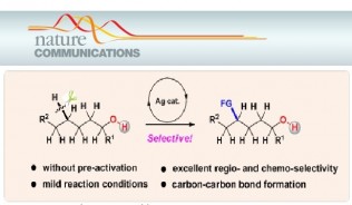 150.Silver-catalyzed remote Csp3-H functionalization of aliphatic alcohols. Yuchao Zhu, Kaimeng Huang, Jun Pan, Xu Qiu, Xiao Luo, Qixue Qin, Jialiang Wei, Xiaojin Wen, Lizhi Zhang, Ning Jiao*. Nat Commun. 2018 Jul 6;9(1):2625. 