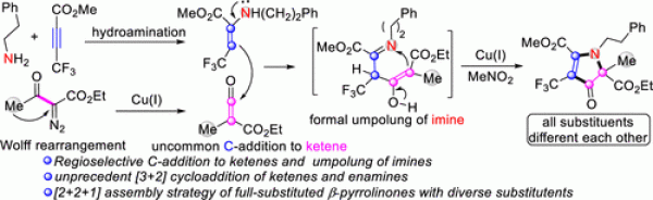 15. Hao Wu, Xinyao Li, Zixi Yan, Nana Ma, Song Song*, Guisheng, Zhang*, Ning Jiao*, Cu(I)-Catalyzed [2 + 2 + 1] Cycloaddition of Amines, Alkynes, and Ketenes: An Umpolung and Regioselective Approach to Full-Substituted β-Pyrrolinones.